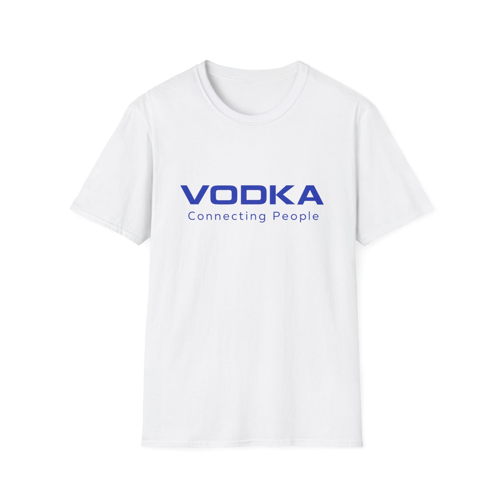 A white short-sleeve crewneck t-shirt with 'VODKA Connecting People' printed in blue across the chest, displayed on a clean white background.