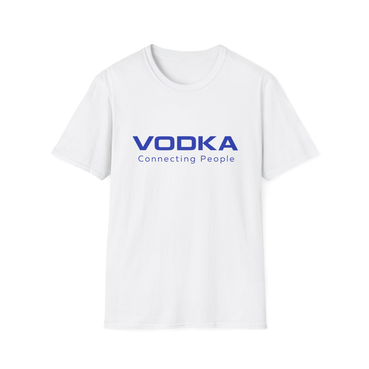 A white short-sleeve crewneck t-shirt with 'VODKA Connecting People' printed in blue across the chest, displayed on a clean white background.