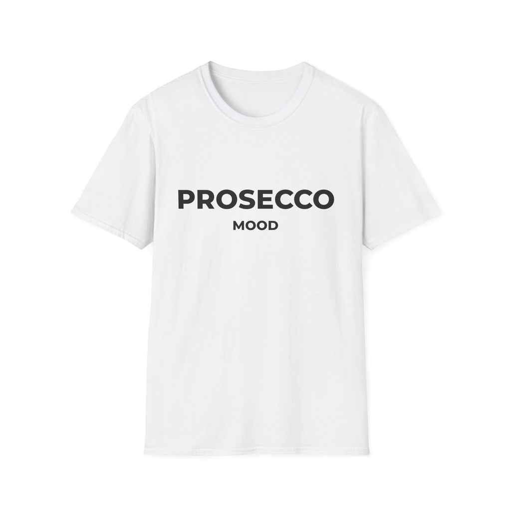 A white short-sleeve crewneck t-shirt with the words 'PROSECCO MOOD' printed in black across the chest, displayed on a clean white background.